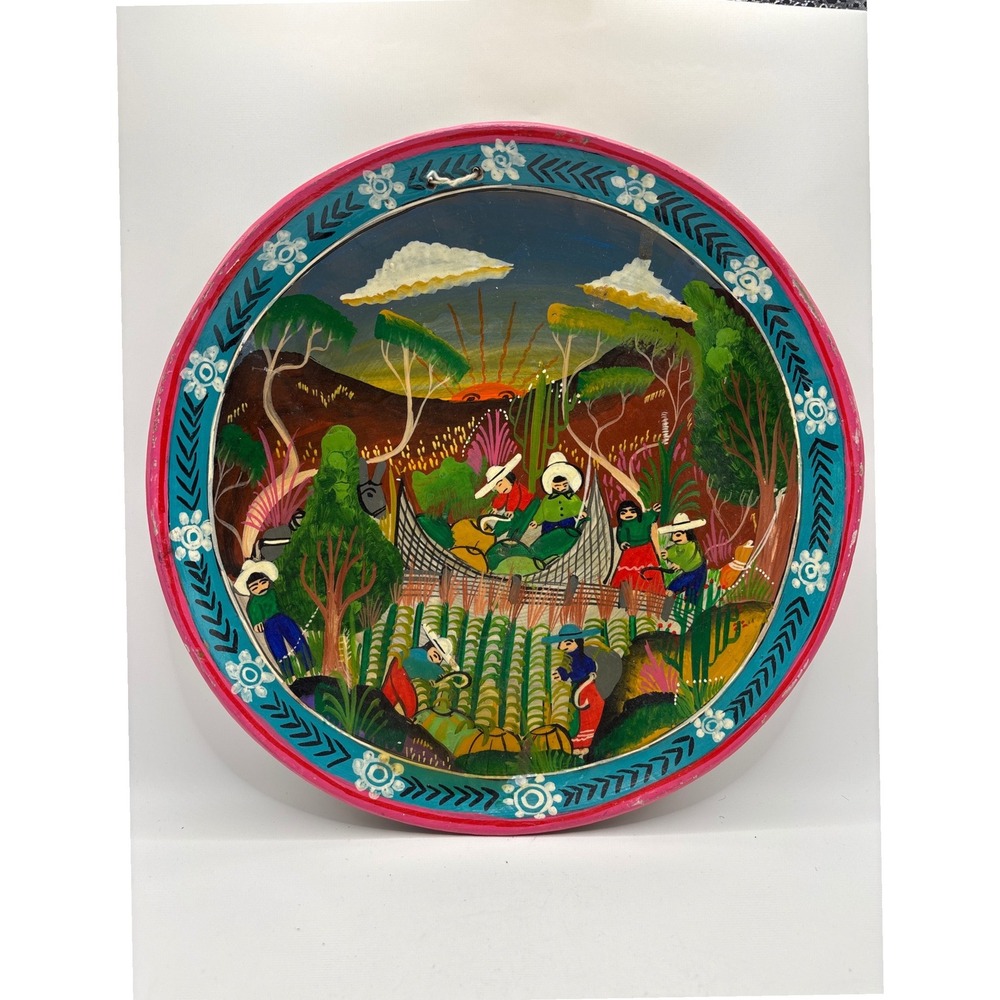 Vintage Mexican Folk Art Hand Painted Clay Plate Harvest Scene Wall Decor 12in - Picture 1 of 4